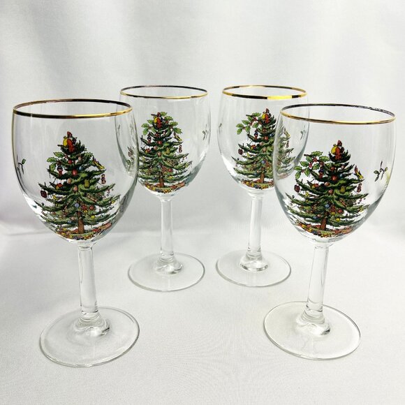 Spode Christmas Tree Vintage Wine Glasses Holiday Goblets Gold Trim 12 oz 4pcs - Picture 1 of 12